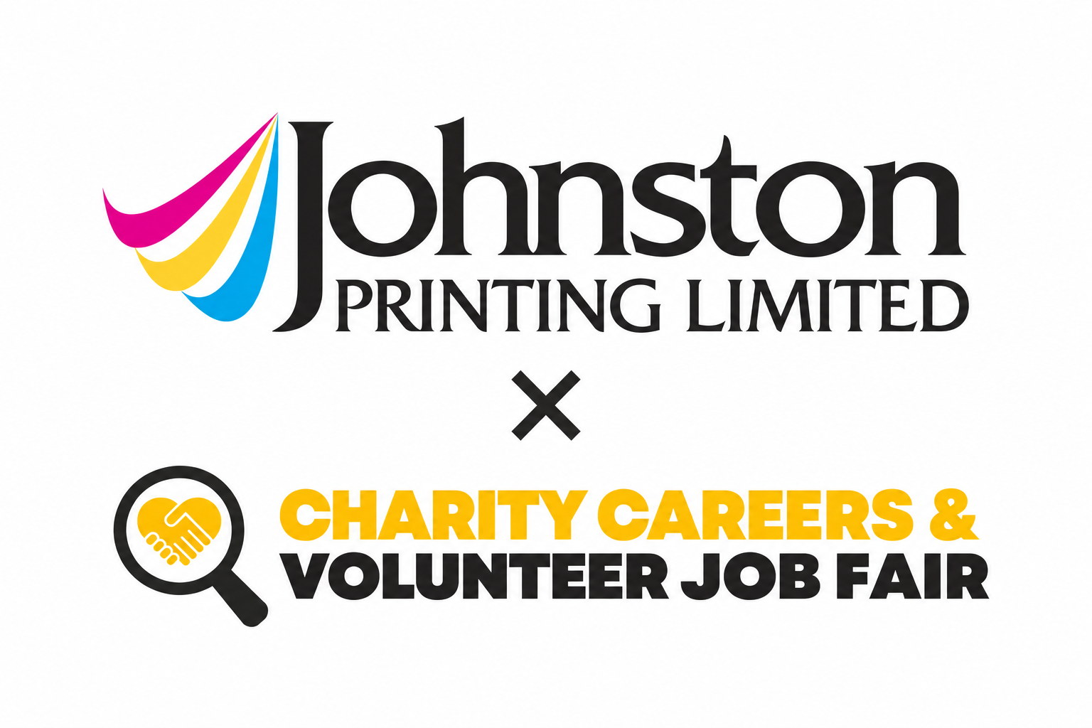 Johnston Printing LTD and Charity Careers & Volunteer Job Fair logos announcing the sponsorship