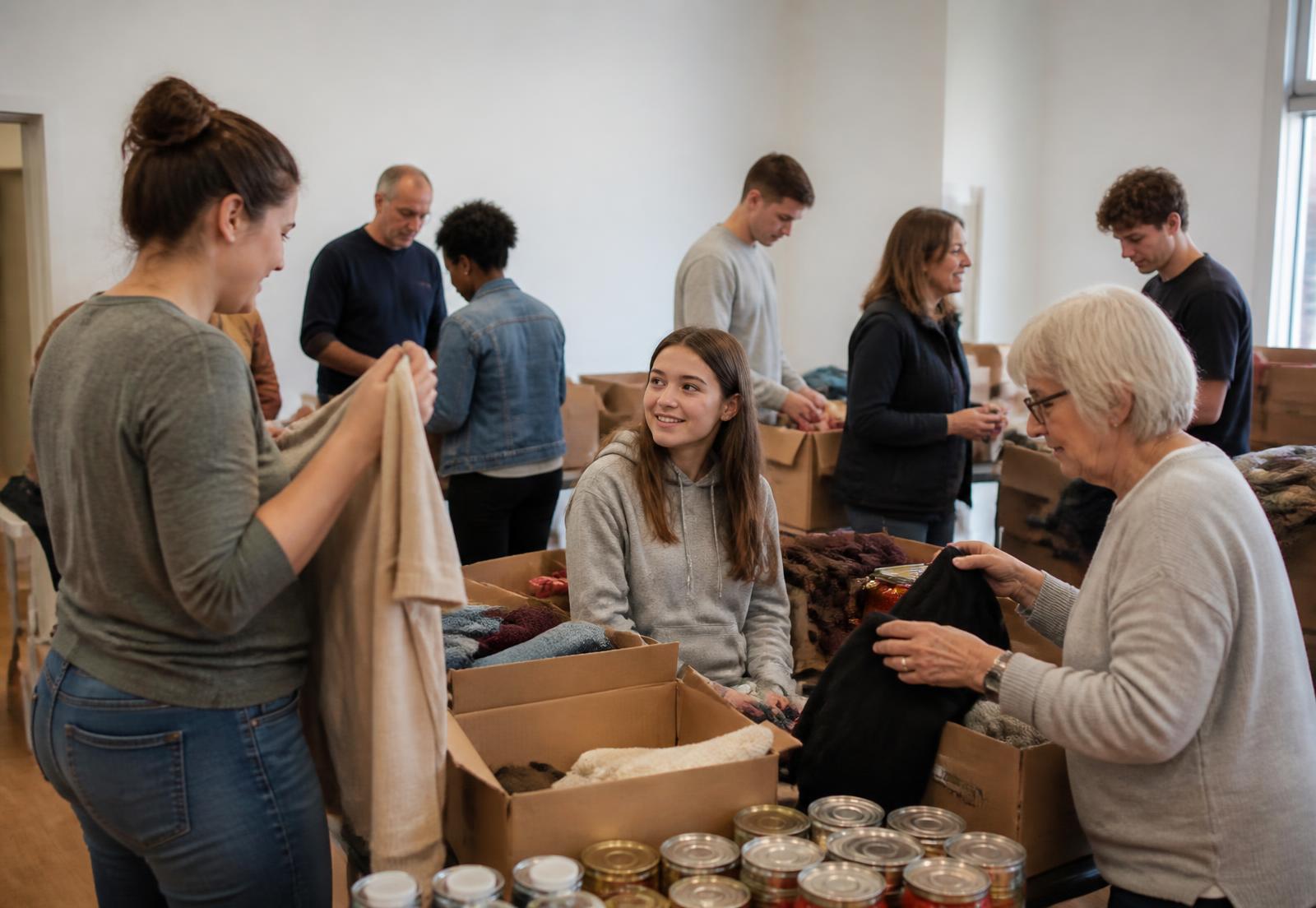 Volunteers and staff working together sorting donations in a community hall